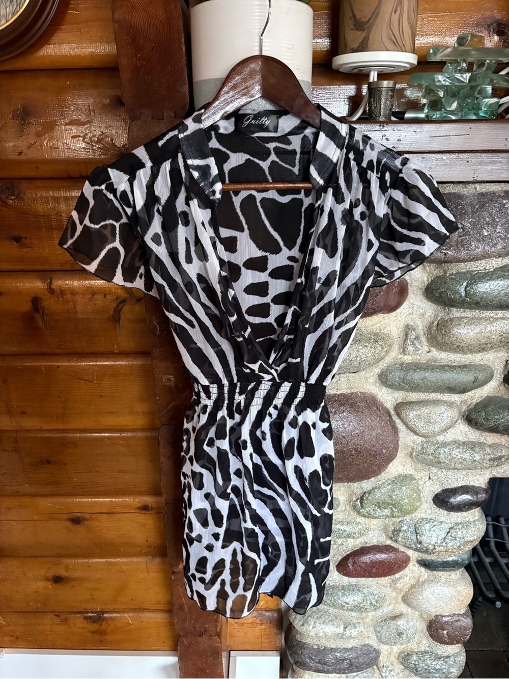 Guilty Black Grey Animal Print Sheer Wrap Blouse Tie Waist Y2K
